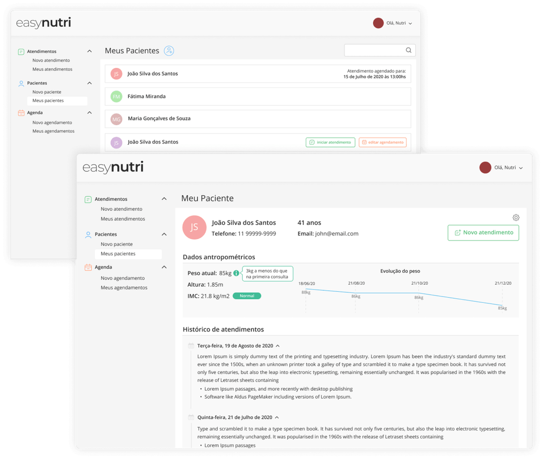 Imagem da tela de Pacientes do Easynutri