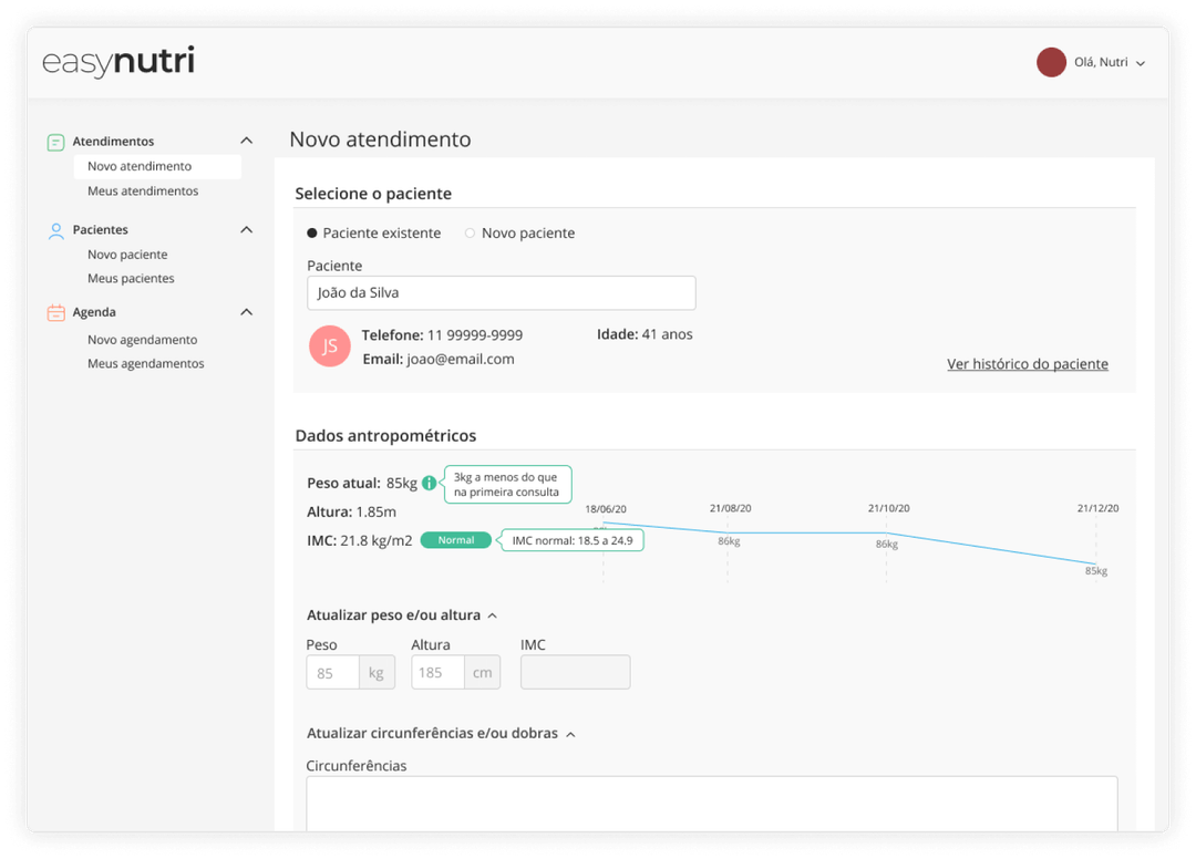 Imagem da tela de Atendimentos do Easynutri