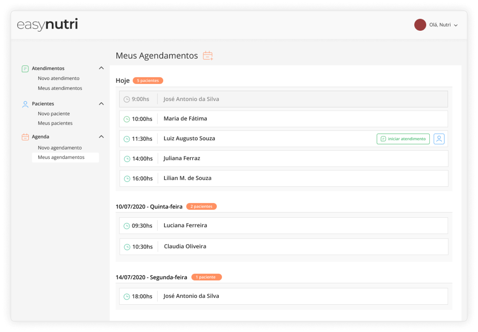 Imagem da tela de Agendamentos do Easynutri